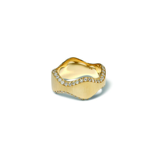 Double curve ring in 18k yellow gold with pavé-set diamonds on both sides, 1.09 cttw, and a satin finish. Ring is 3/8" wide (10mm) and is a size 7.5.