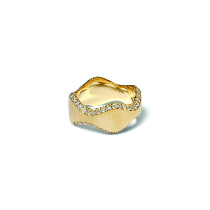 Double curve ring in 18k yellow gold with pavé-set diamonds on both sides, 1.09 cttw, and a satin finish. Ring is 3/8" wide (10mm) and is a size 7.5.