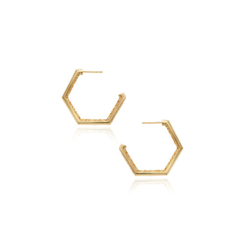 Eclipse hoop earrings in 18k yellow gold with pavé-set diamonds, 0.56 cttw, on the face of the earrings with post backs. Earrings are 1 3/8" diameter (35mm) x 1/8" wide (3mm).