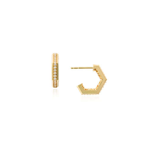 Eclipse huggie earrings in 18k yellow gold with vs diamonds, 0.29 cttw, earrings are on posts and are 5/8" diameter (16mm).