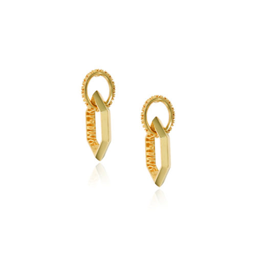 18k yellow gold infinity earrings with a circular post and an interlocking elongated hexagonal drop. Earrings are 1 1/4" long x 1/2" wide (32 x 12mm)