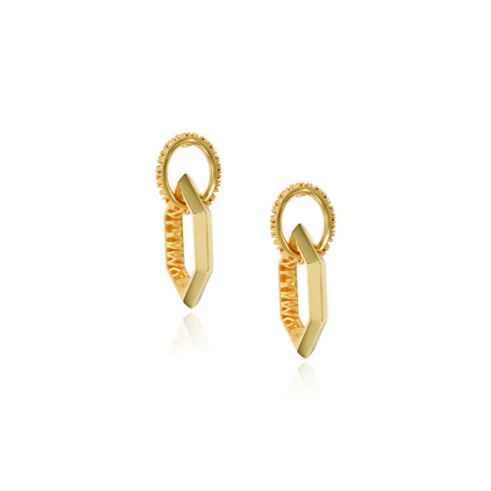 18k yellow gold infinity earrings with a circular post and an interlocking elongated hexagonal drop. Earrings are 1 1/4" long x 1/2" wide (32 x 12mm)