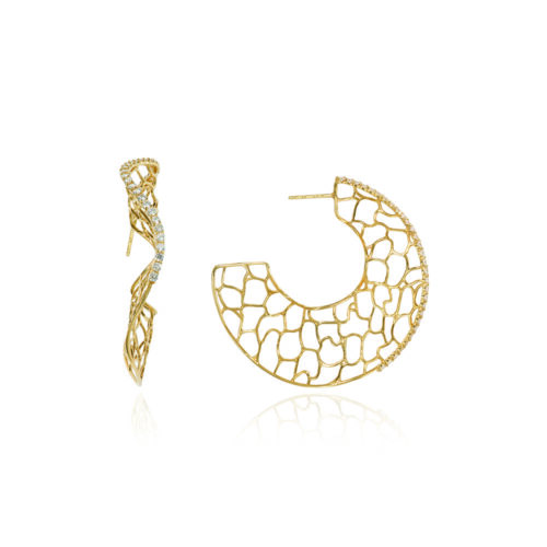 Large canyon hoop stud earrings in 18k yellow gold with pavé-set diamonds, 1.5 cttw, on the face of the earrings with post backs. Earrings are 1 7/8" diameter (48mm).