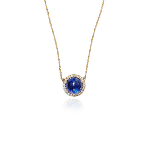 Luna Tanzanite round cabochon pendant surrounded by pavé-set diamonds, 0.72 cttw, on 18k yellow gold chain. Tanzanite is 14mm.