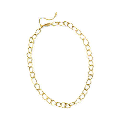 18k yellow gold free-form chain link necklace, with a silk finish and a lobster clasp. Necklace is 3/8" wide (10mm) and is adjustable (16-18").