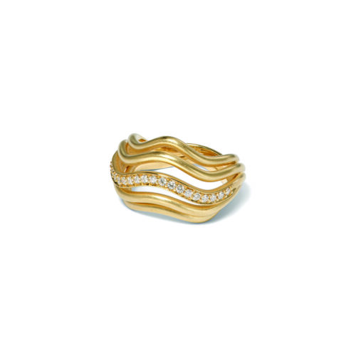 Domed cocktail ring with 5 18k yellow gold scalloped rows and a center row of pavé diamonds, .26 cttw, with a satin finish. Ring is 9/16" wide (15mm) and is a size 6.25