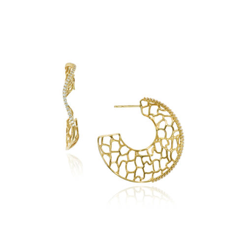 Small canyon hoop earrings in 18k yellow gold with pavé-set vs diamonds on the face of the earrings, 0.72 cttw, with post-backs. Earrings are 1 3/8" diameter (35mm).