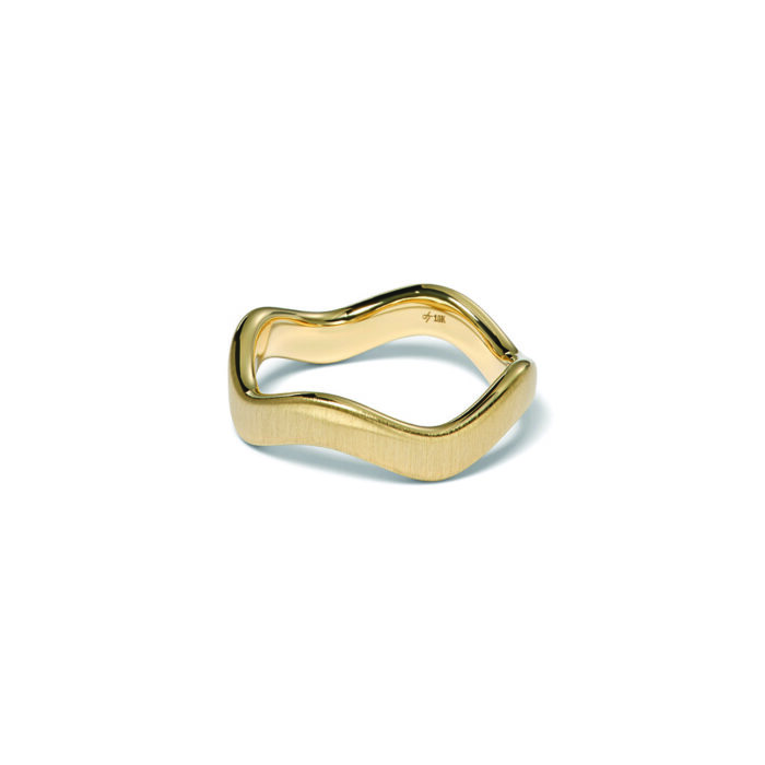 Thick curve stacking ring in 18k yellow gold with a satin finish, ring is 1/8" wide (3mm) and is a size 7.75