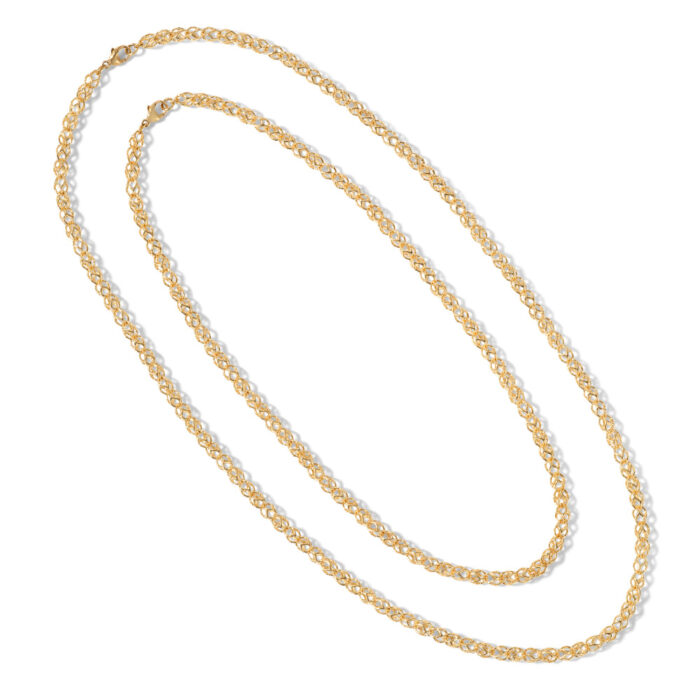 Eden chain necklace in 18k yellow gold with interlocking links. Chain is 18" long with a lobster clasp.