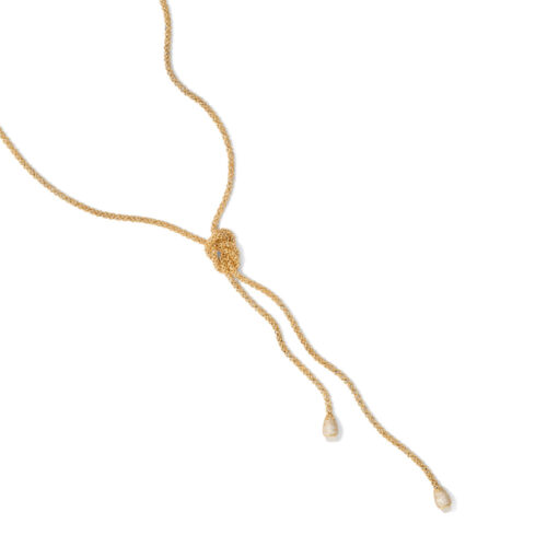 Cabo chain lariat necklace with pavé-set diamonds, 1.44 cttw, and white moonstone in 18k yellow gold. Lariat is 44" long x 3/16" D (4mm) and moonstone is 7mm.