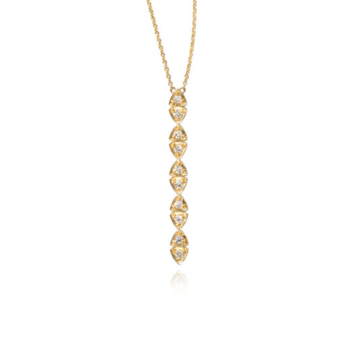Emory diamond drop necklace, 0.7 cttw, on an 18k yellow gold chain that is adjustable to 21" long. Diamond drop is 2" long x 1/4" wide (5cm x 6mm). 