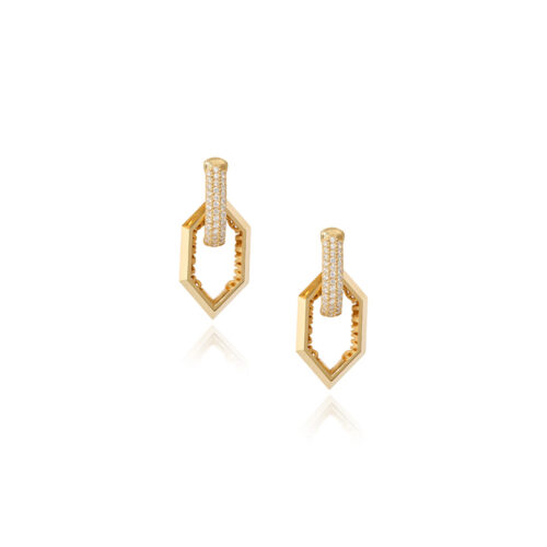 18k yellow gold infinity earrings with a pavé-set diamond covered circular post, 0.59 cttw, and an interlocking elongated hexagonal drop. Earrings are 1 5/16" long x 1/2" wide (33 x 13mm).
