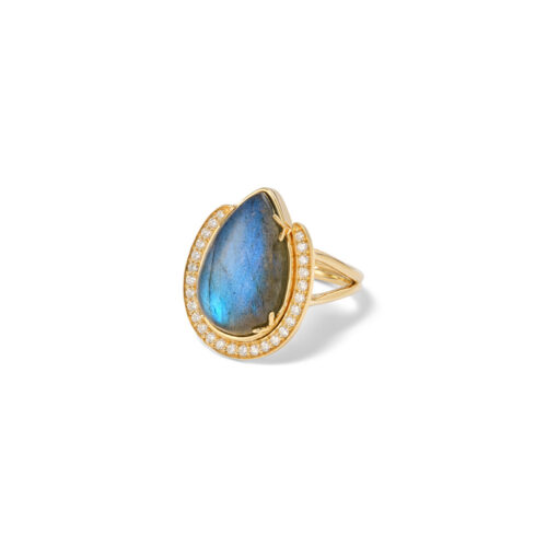 Victoria cocktail ring with tear shaped labradorite and a horseshoe diamond surround, 0.39 cttw. Ring is a size 7, is 1" wide (25mm) and labradorite is 13x19 mm.
