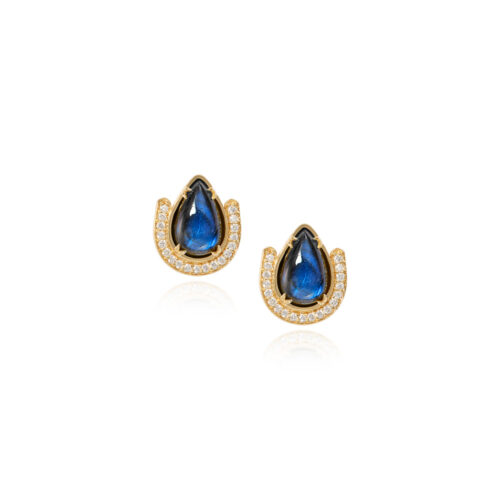 Victoria studs with a tear drop labradorite and a diamond horseshoe surround, 0.3 cttw. Posts are 18k yellow gold and labradorite is 12x6mm.