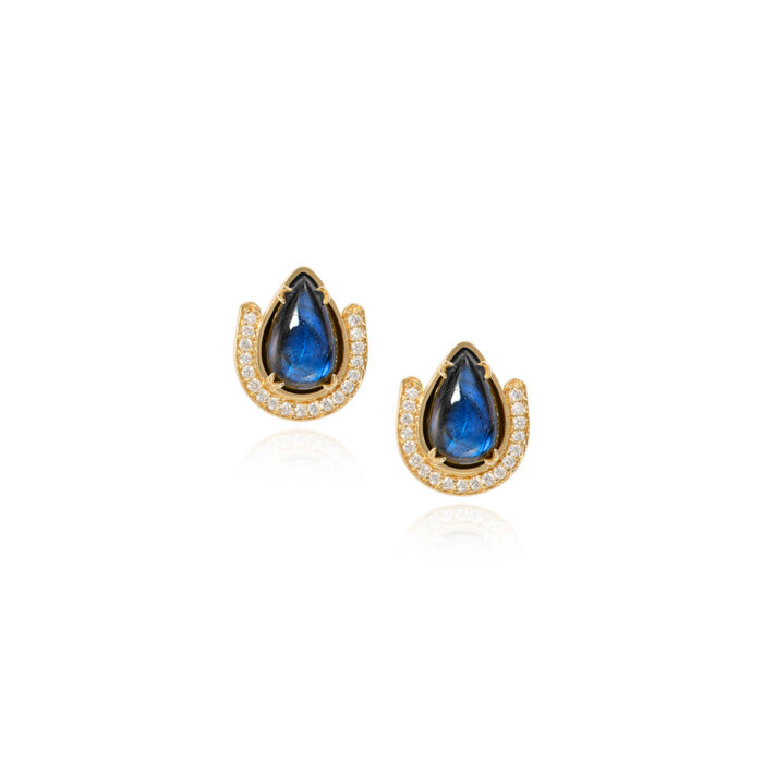 Victoria studs with a tear drop labradorite and a diamond horseshoe surround, 0.3 cttw. Posts are 18k yellow gold and labradorite is 12x6mm.