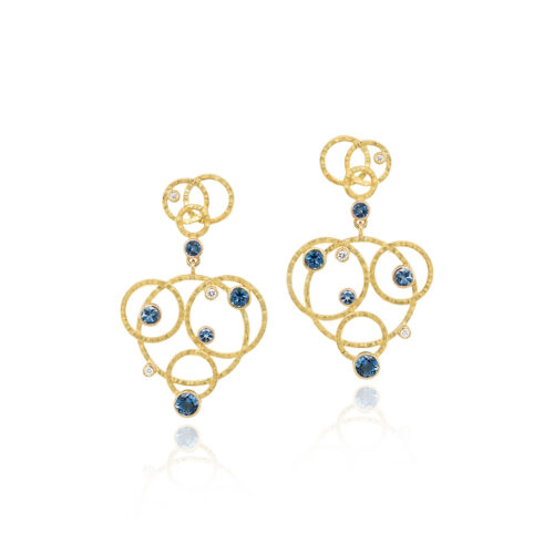 Hammered circle earrings with six diamonds, 0.13 cttw, and ten aquamarines, 1.59 cttw, in 18k yellow gold with post backs.