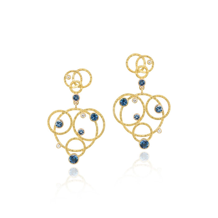 Hammered circle earrings with six diamonds, 0.13 cttw, and ten aquamarines, 1.59 cttw, in 18k yellow gold with post backs.