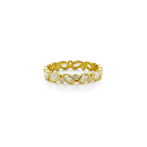 "Luisa" ring with twelve alternating direction marquise diamonds, 0.80 cttw, and twelve small round diamonds in between, 0.18 cttw. Marquise diamonds are 4 x 2mm. Ring is a size 7.75+ and is 1/8" wide (3mm).