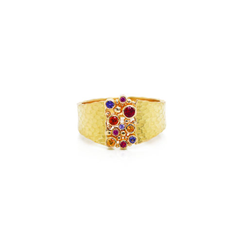 18k yellow gold glacier ring with sapphires, 0.29 cttw, and two rubies. Ring is a size 7.5 and is 1/2" wide (12mm).