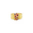 18k yellow gold glacier ring with sapphires, 0.29 cttw, and two rubies. Ring is a size 7.5 and is 1/2" wide (12mm).