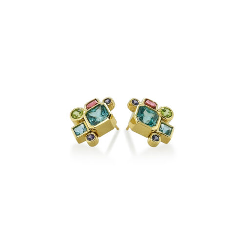 "Rio" earrings with a square blue zircon, 4.67 cttw, surrounded by multicolored gems, 2.0 cttw, on 18k yellow gold posts. Earrings are 3/4" long x 1/2" wide.