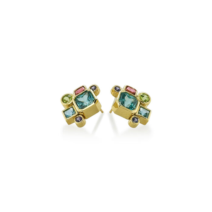 "Rio" earrings with a square blue zircon, 4.67 cttw, surrounded by multicolored gems, 2.0 cttw, on 18k yellow gold posts. Earrings are 3/4" long x 1/2" wide.