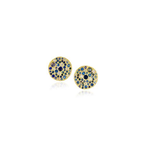 18k yellow gold "Silk" textured disc earrings with a variety of sizes and colors of blue sapphires and SI white diamonds on posts. 