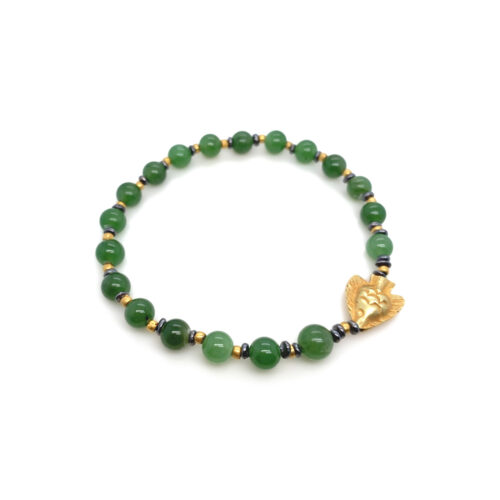 Green jade bracelet, 33.65 cttw, with Burma gold, 20 cttw, oxidized sterling silver spacers, and an 18k yellow gold fish charm.