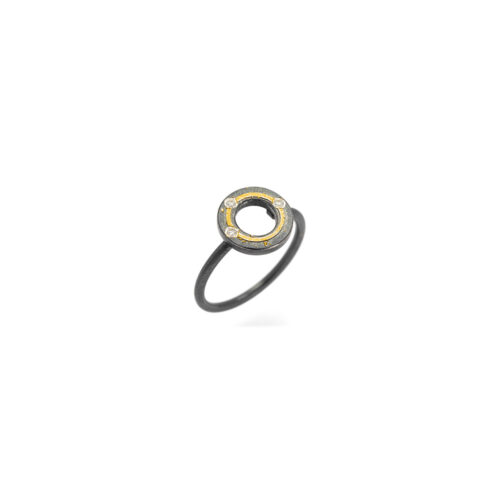 Oxidized sterling silver and 24k yellow gold "X" shaped ring with white (G) vs diamonds, 0.04 cttw. Ring is 3/8" in diameter (10mm) and is a size 5.