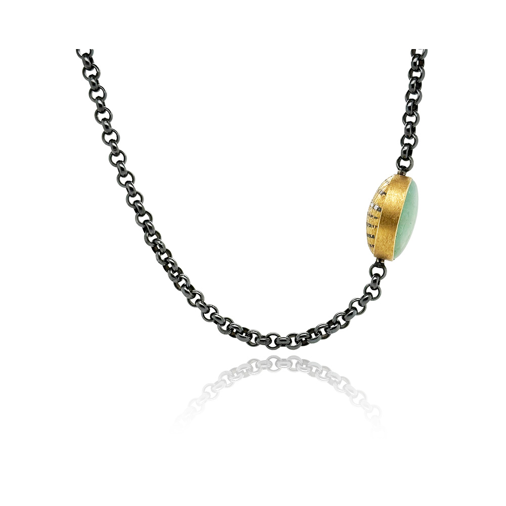 Vario spring style clasp in 24k and 22k yellow gold and oxidized sterling silver with Ural emerald and mother of pearl, 20.42 cts, and white (G) diamonds vsi, 0.07 cttw. Clasp is 1".