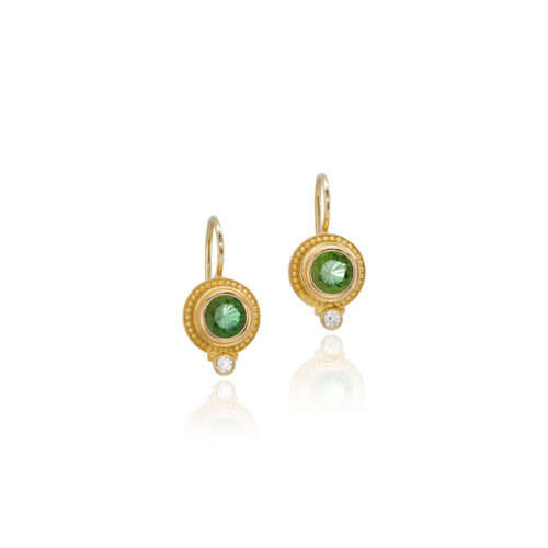 Mint green grossular garnet earrings, 1.15 cttw, with granulation around the double bezel and two small diamonds with side beads at the bottom, 0.08 cttw, on French wires with lever backs.