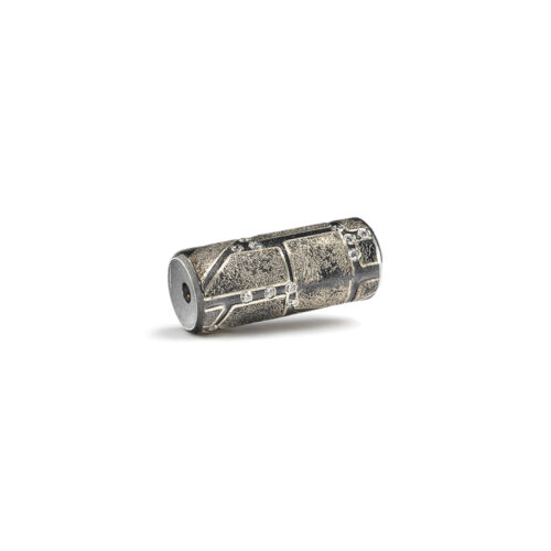 Vario spring style clasp with oxidized sterling silver, 12k yellow gold, and white (G) diamonds vsi, 0.23 cttw. Clasp is to be used with Vario style chains or strands, and is 1.1" long with a diameter of 0.4".