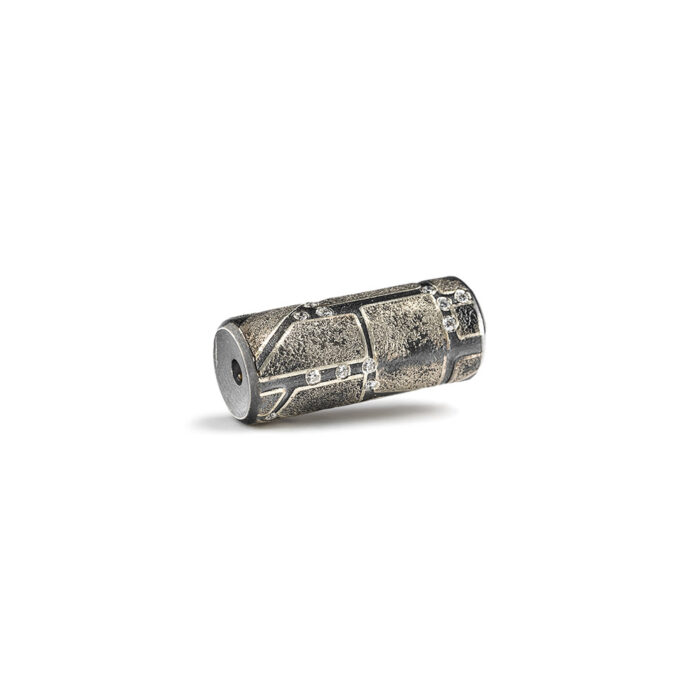 Vario spring style clasp with oxidized sterling silver, 12k yellow gold, and white (G) diamonds vsi, 0.23 cttw. Clasp is to be used with Vario style chains or strands, and is 1.1" long with a diameter of 0.4".
