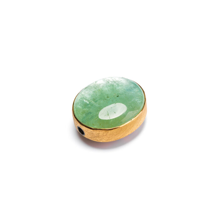Vario spring style clasp in 24k and 22k yellow gold and oxidized sterling silver with Ural emerald and mother of pearl, 20.42 cts, and white (G) diamonds vsi, 0.07 cttw. Clasp is 1".