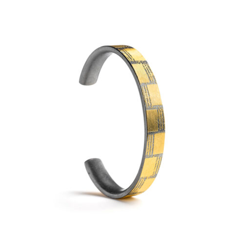 Oxidized sterling silver and 24k yellow gold cuff with square decorative accents, size XL.