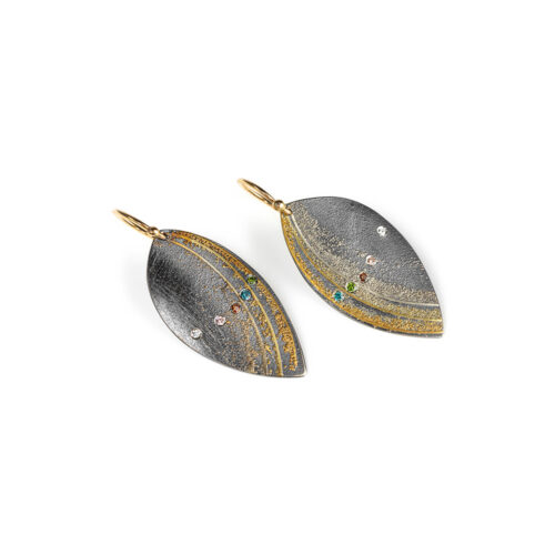 Oxidized sterling silver wing-shaped drop earrings with 18k, 22k and 24k yellow gold accents and fancy-colored diamonds, 0.10 cttw. Earrings are on French hooks and measure 2" long x 3/4" wide (5 cm x 18mm).