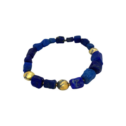 Natural surface lapis lazuli beaded stretch bracelet with hand-crafted oxidized sterling silver and 24k gold beads. Bracelet is 7.5" in diameter.