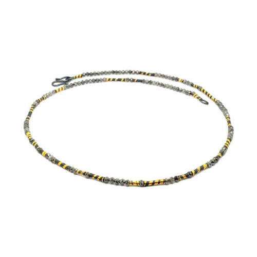 Gray diamond bead necklace, 15.28 cttw, with oxidized sterling silver and 18k yellow gold spacers. Necklace is 17.1" long.