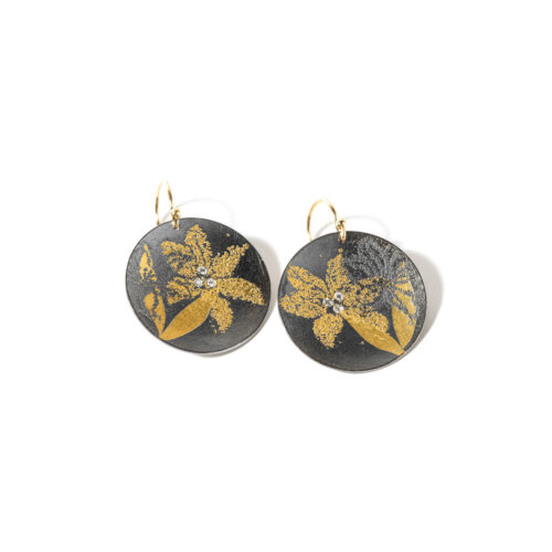 Oxidized sterling silver "Lily" earrings with 18k and 24k yellow gold, white (G) vs diamonds, 0.06cttw, on 18k yellow gold French wires. Earrings are 1" in diameter.