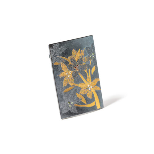 Rectangular Oxidized sterling silver "Lily" pendant with 24k gold, white (G) vs diamonds, 0.06cttw, green diamonds, 0.06cttw and reddish-brown diamonds, 0.03cttw. Pendant can be worn on a chain or cable and also with the Vario clasp system. Pendant is 2 1/4" long x 1 1/2" wide (5.7cm x 38mm).