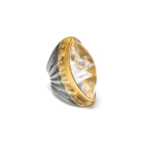 Oxidized sterling silver and 22k yellow gold phantom quartz ring, 28.49 cts, with a white (G) diamond surround, 0.28 cttw. Ring is 1 1/2" wide (38mm) and is a size 9.
