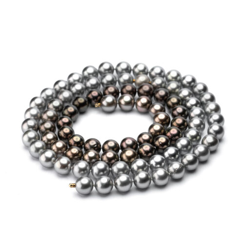 Double strand AAA+ Tahitian pearl necklace, 10-11mm, graduating in color from silver-grey to copper-brown, total length 37". Necklace can be split into 2 necklaces, 17.3" and 19.7" with two pearls fashioned into Vario clasps. Clasps can be interchanged with other Vario clasps.