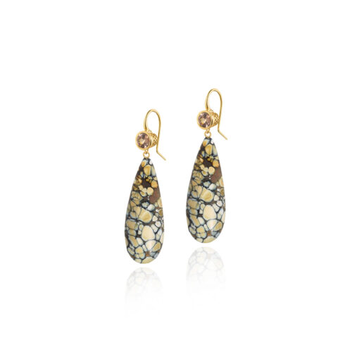 18k yellow gold crownwork bezel-set mocha zircon earrings, 2.71 cttw, with spiderweb variscite drops, 63.18 cttw. Earrings are 2.45" long.