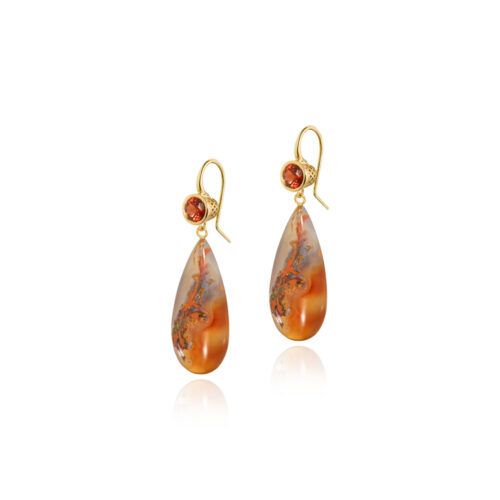 18k yellow gold crownwork bezel-set garnet earrings, 2.13 cttw, with Indonesian copper Chalcedony drops, 63.67 cttw, on French wires. Earrings are 2" long.