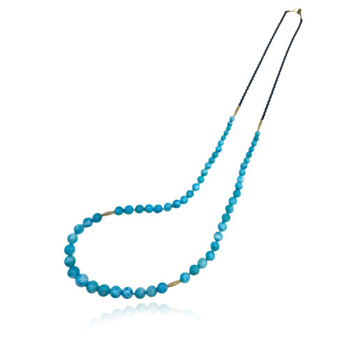 Graduated Larimar sphere necklace with four 18k yellow gold rondelle crownwork beads, 10mm, on a oxidized silver chain with a small 18k yellow gold lilypad clasp.