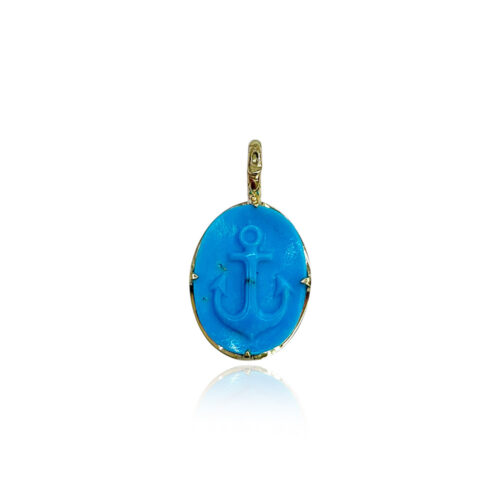 18k yellow gold crownwork pendant with pointed claw setting and carved Kingman turquoise anchor, 5.36 cts, with a hinged bale. Pendant measures 1.2" x .6".