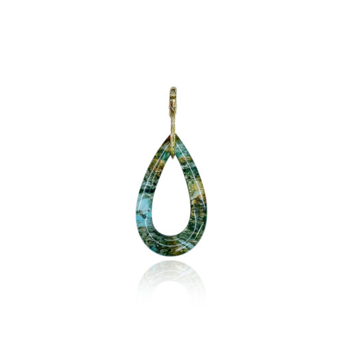 18k yellow gold crownwork link pendant with a tear drop- shaped, carved moss agate and quartz drop with removeable gold bale. Pendant is 1.8" x .75".