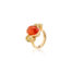 18k yellow gold crownwork, three-stone scallop ring with bezel-set Mandarin Garnet center stone, 14.68 cts, and yellow sapphire side stones, 4.06 cttw. Ring is a size 6.5 and is 1" x 0.65".