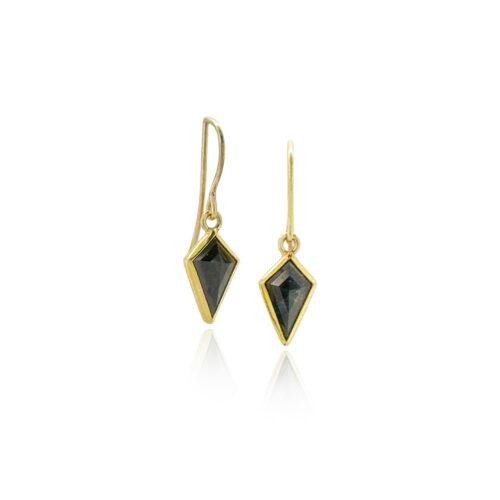 Grey kite-shaped diamonds, 2.65 cttw, in 18k and 22k yellow gold, on French wires. Earrings are 1 1/4" x 5/16" wide (27 x 8mm).