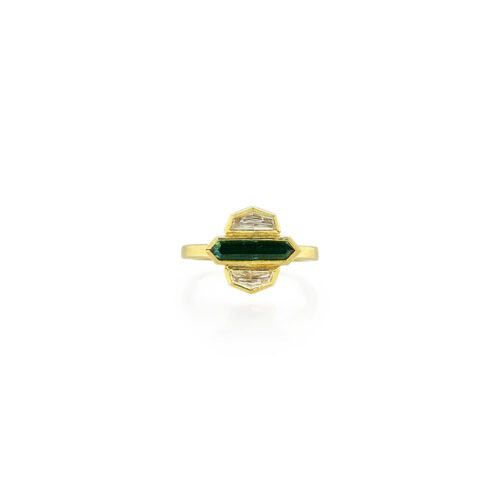 Green tourmaline in an East/West setting, flanked by diamonds, VVS E, .46 cttw, in 18k and 22k yellow gold. Ring is a size 6.75.